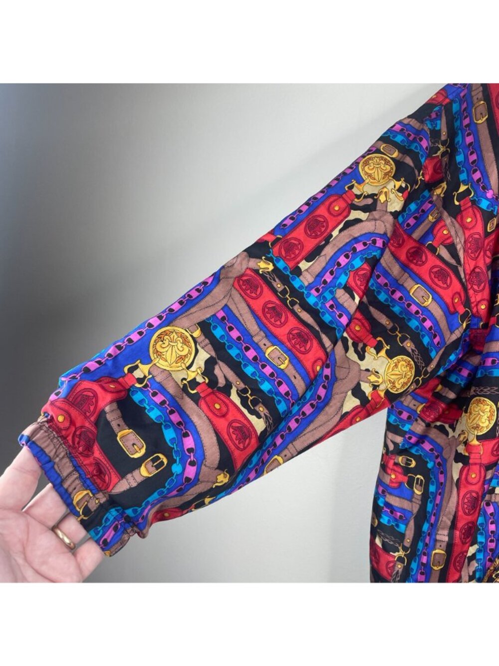 Vintage Bomber Jacket 1X Retro Silk 80s 90s Fresh Prince Baggy Urban Chain Print - Picture 7 of 16
